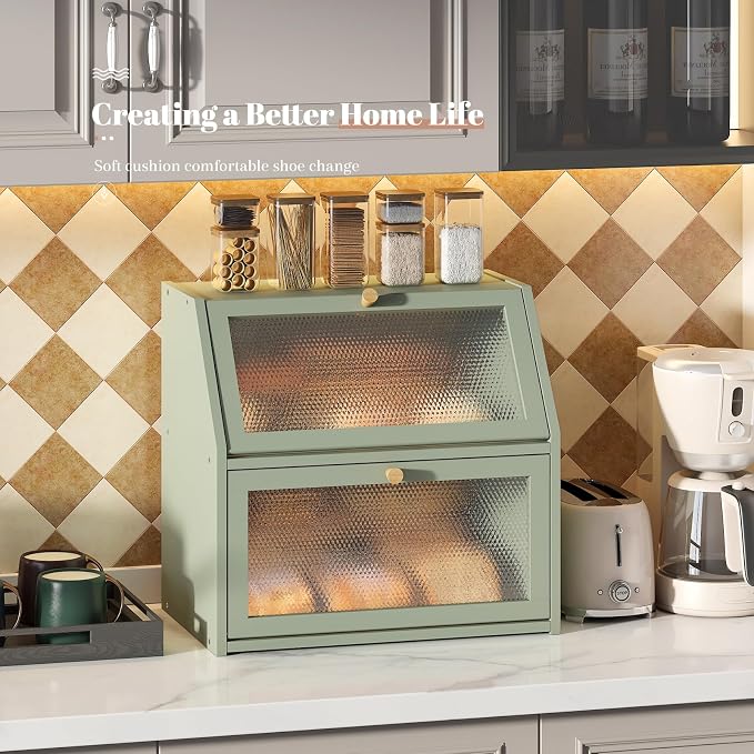 STDDRE Bread Box for Kitchen Countertop Bin Double Layer Bread Box Storage Container Extra Large Capacity Farmhouse with Diamond Pattern Windows (Green, Extra Large)