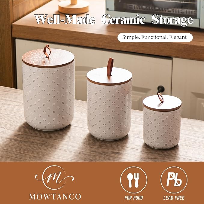 Mowtanco Embossed Ceramic Canister Set with Airtight Bamboo Lid | 12/30/48 oz White Ceramic Kitchen Jar Set, Countertop & Pantry Organization for Coffee, Sugar, Flour, Tea & Snacks