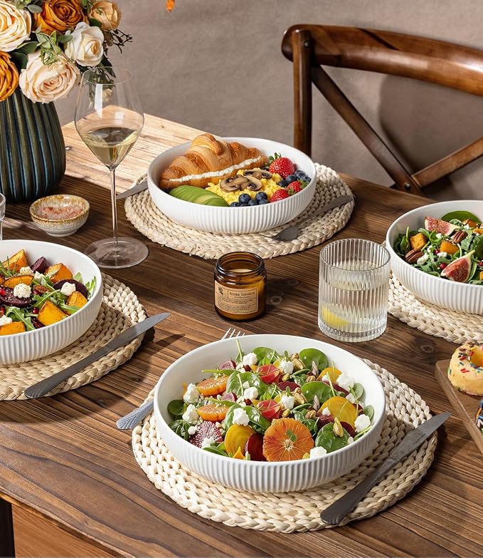 8.5" Ceramic Pasta Bowls Set of 4, Salad Bowls | Versatile Serving Bowls for Pasta, Salad, Fruit & Noodles, Housewarming & Wedding Gift, Bright White