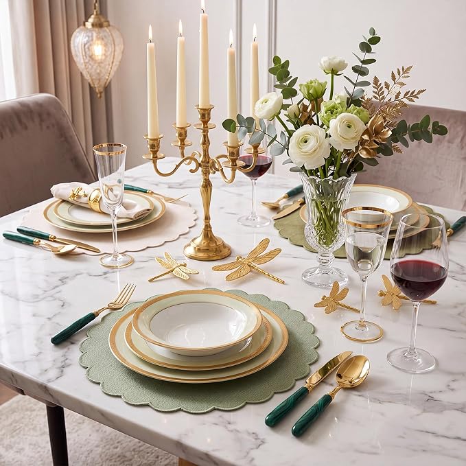 Set of 12 Green Cotton Placemats 15" Round Scalloped | Double Layered Cotton Fabric, Washable Embroidery, Classic Edge, Rustic Table Mats for Wedding Dining Table Decor