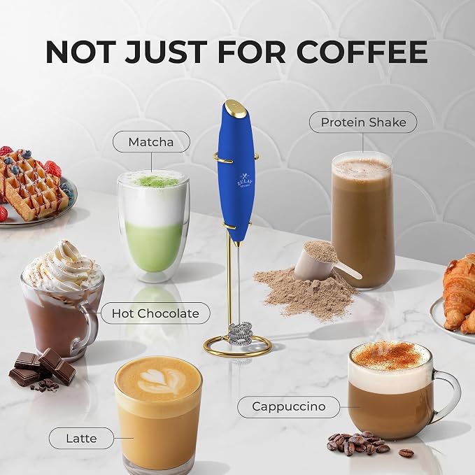 Zulay Kitchen Powerful Milk Frother Wand With Duracell Batteries - Ultra Fast Handheld Drink Mixer - Electric Whisk Foam Maker for Coffee, Lattes, Cappuccino & Matcha - Triple Whisk - Prussian Gold