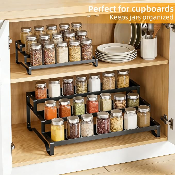 2 Pack Spice Rack Organizer for Cabinet, 13-21.5" Expandable Spicy Shelf | 9.45" Depth 3-Tier Black Metal Seasoning Organizer, Kitchen Spice Organization, Slip-Resistant Guardrails for Jars and Cans
