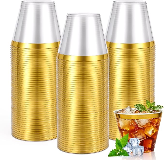 100 Pcs Disposable Stemless Glasses 9oz, Gold Plastic Cups Wine Glasses Clear Gold Rimmed Classic Cocktail Cup Champagne Flutes Party Cups for Birthday Valentine's Galentine's Day Wedding Christmas