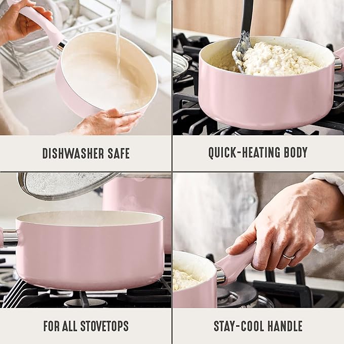 GreenLife 2QT Ceramic Nonstick Saucepan with Lid, Blush Pink | PFAS-Free Ceramic Nonstick Coating, Soup Pot, Induction Ready, All Stovetop Compatible, Stay-Cool Handles, Dishwasher Safe