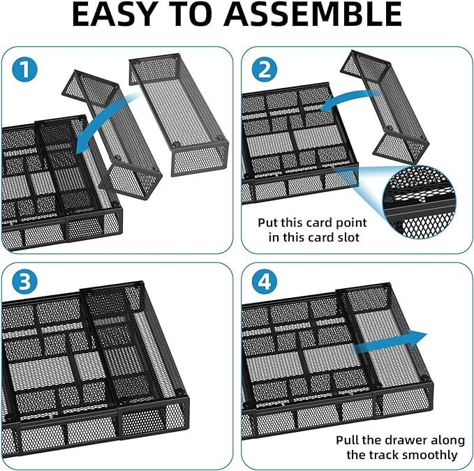 Marbrasse Expandable Desk Drawer Organizer, Mesh Drawer Organizer Tray with 10 Adjustable Compartments, Desk Organizers and Accessories for Office Supplies, Makeup & Vanity (Expandable Black-2 pack)