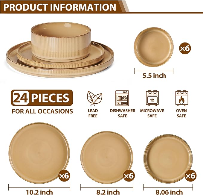 LIANYU 24 Piece Dinnerware Plates and Bowls for 6, Ceramic Elegant Stoneware Dishes Sets with Pasta Bowls, Modern Ribbed Dining Ware Dishware for Restaurant Wedding, Dishwasher Safe, Dune Khaki