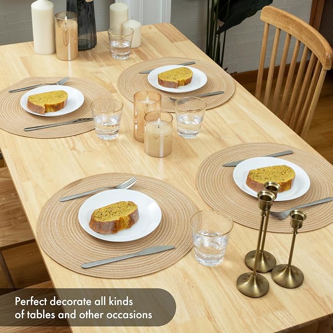 Winknowl Round Braided Placemats Set of 4 Washable Woven Heat Resistant Table Mats for Kitchen Dining Tables 15 inch Round Place Mats (Beige,4)
