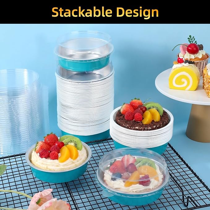 Beasea Disposable Mini Pie Tins with Lids, 120 Pack 7.3oz Blue Green Aluminum Foil Ramekins Small Pie Tart Tin Pans Cake Baking Cups Round Individual Tart Cheesecake Containers for Party Wedding