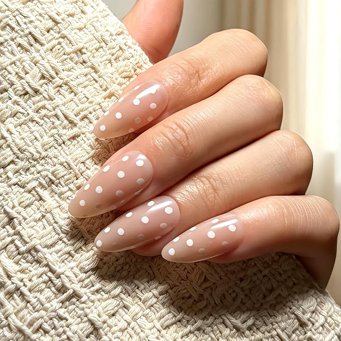 Press on Nails, 6 Packs (144 Pcs) Short Almond Sets, Cute 3D Bow French | 6-Style 12 Sizes, Glossy, Salon Quality, Reusable Full Cover, White Polka Dot Star Chrome Fake Nails
