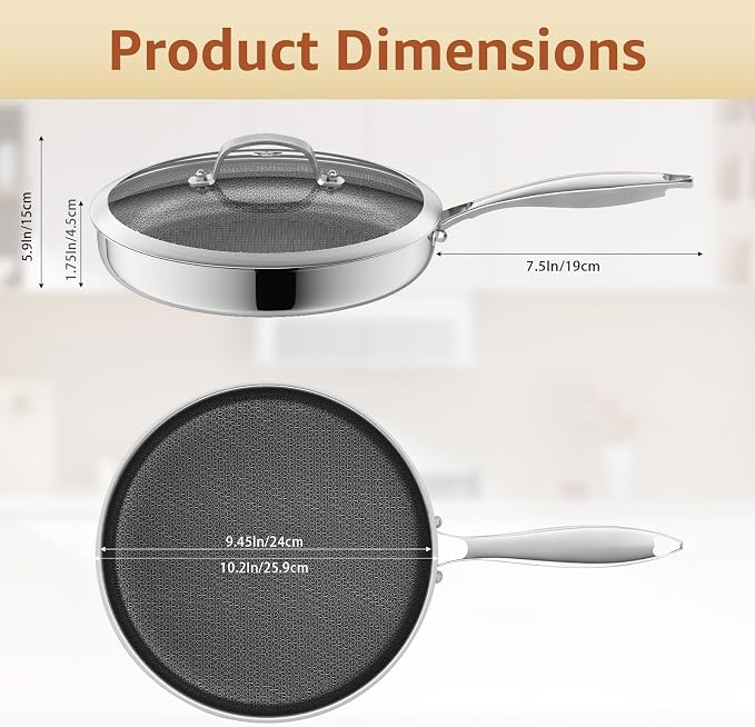 LOLYKITCH 10 Inch Hybrid Nonstick Frying Pan with Glass Lids | PFOA Free | Stainless Steel Skillet | Non-Toxic | Stay-Cool Detachable Handle | Dishwasher and Oven Safe | Induction Ready