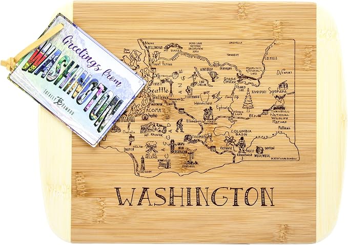 Totally Bamboo A Slice of Life Washington Engraved Map Cutting Board | 11” x 8.75” charcuterie board with engraved state map artwork. Smooth reverse side for food prep. Hang tie for wall display.
