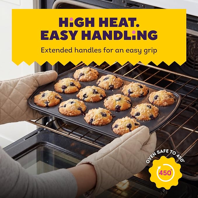 Wilton Gold Non-Stick Muffin Pan, Made Without PFAS, 12-Cup | Non-Stick Steel with Scratch-Resistant Coating, Resists Warping, Extended Handles, Dishwasher Safe, Perfect for Cupcakes