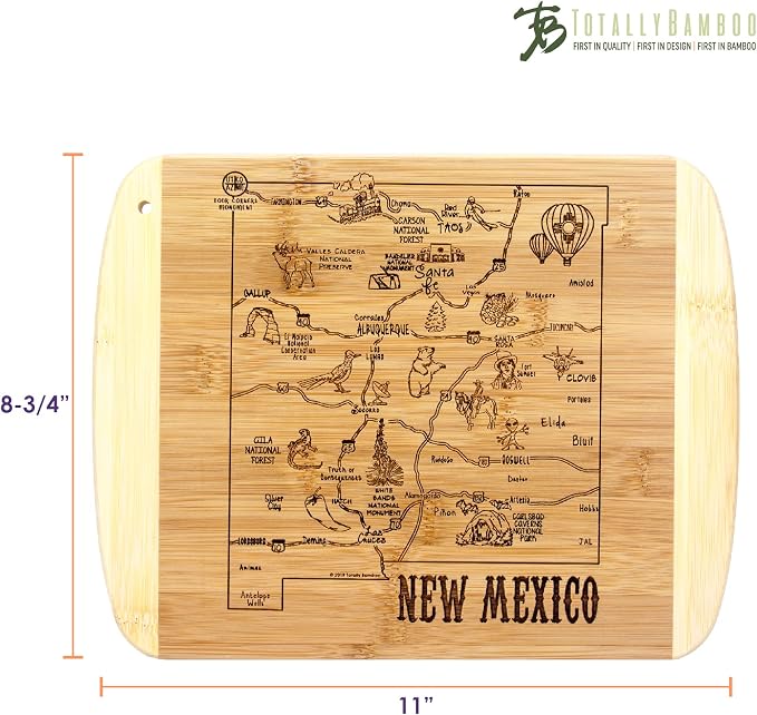Totally Bamboo A Slice of Life New Mexico Engraved Map Cutting Board | 11” x 8.75” charcuterie board with engraved state map artwork. Smooth reverse side for food prep. Hang tie for wall display.