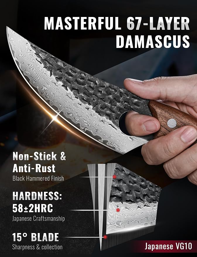 Damascus Chef Knife, 6.3" Japanese 67-Layer Steel, Walnut Handle | Includes leather sheath and gift box, designed for kitchen use, BBQ, camping, and outdoor cooking.