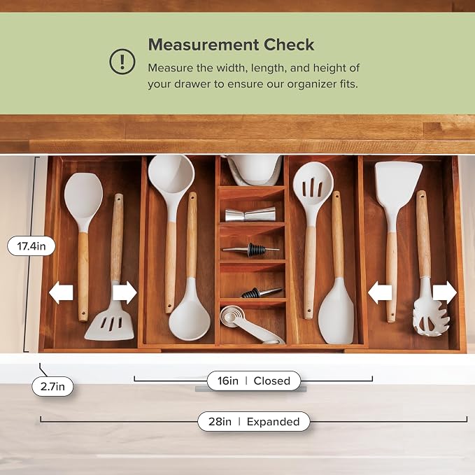 Utensil & Junk Drawer Organizer, 16-28 in, Acacia | Food-safe contract grade, 100% sustainable wood, non-slip, adjustable