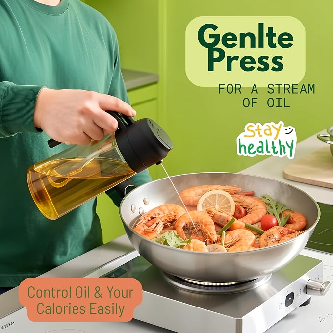 Glass Olive Oil Sprayer for Cooking 16oz/470ml – Transparent 2-in-1 Glass Oil Sprayer & Dispenser with 9 Labeled Stickers, Kitchen Gadgets & Air Fryer Accessories, Olive Oil Dispenser – Black