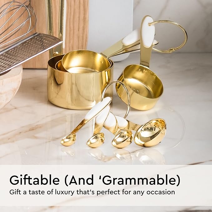 White and Gold Measuring Cups and Spoons Set – 8-Piece Stackable Stainless Steel Measuring Set – Stylish Gold Kitchen Accessories for Precise Baking and Cooking, Ideal Gift for Bakers and Chefs | Stainless Steel, 8-Piece Measuring Set with White Silico...