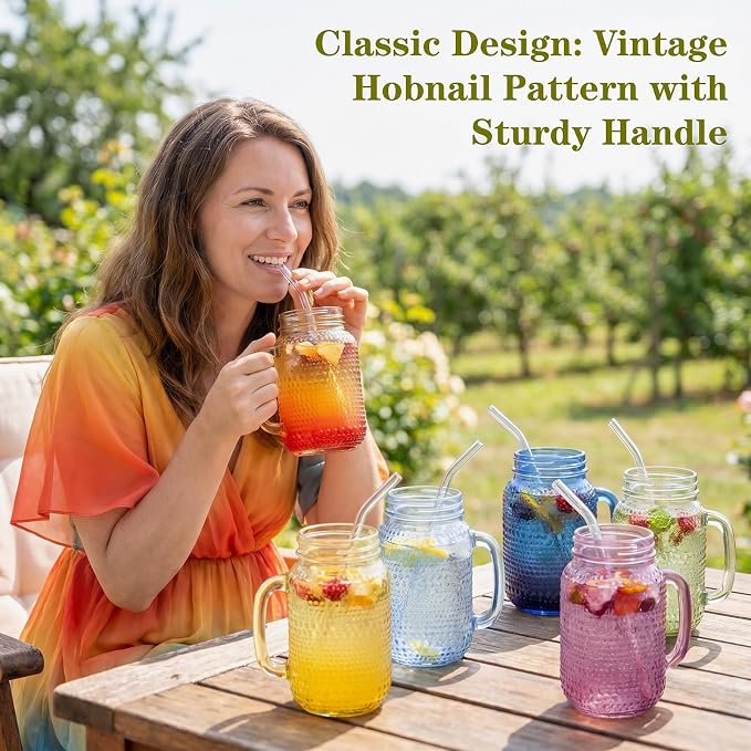 DaYammi 6 Pack 24oz Hobnail Mason Jars Cups Drinking Glass Cups with Lids & Straws, Colorful Wide Mouth Mason Jars Cups with Handle, Tumblers for Coffee Smoothies, Iced Tea, Juice, Beer, Cocktail