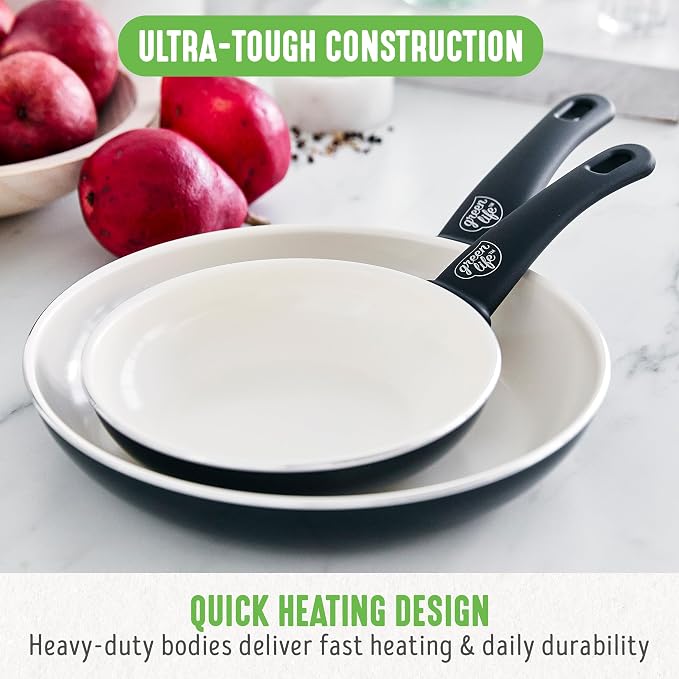 GreenLife 2 Piece (7” & 10”) Ceramic Nonstick Frying Pan Set, Black & Cream | PFAS-Free Nonstick Coating, Family Skillet Set, Egg Pan, Omelet Pan, Stay-Cool Handles, Dishwasher & Oven Safe up to 350F