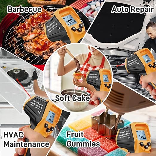 Infrared Thermometer Laser Temperature Gun -58℉ to 1112℉,with Cal Calibration and Adjustable Emissivity,Min& Max Measure,for Cooking,Oven,Meat Food,HVAC,Appliance（Yellow）
