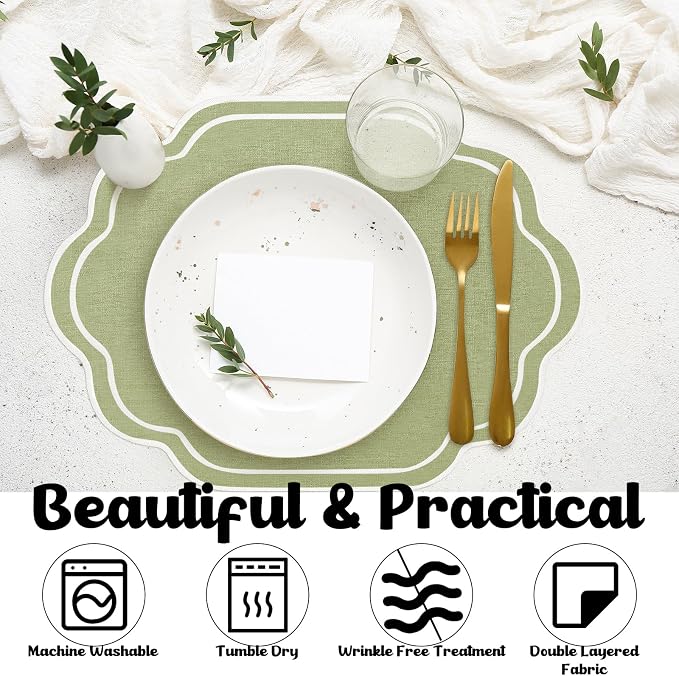 6 Pcs Sage Green Wedding Placemats Scalloped Embroidered Cotton Linen Placemats 17" x 13" Double Layered Machine Washable Table Place Mat for Party Table Decor (Cotton)