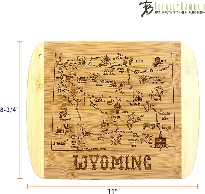 Totally Bamboo A Slice of Life Wyoming Engraved Map Cutting Board | 11” x 8.75” charcuterie board with engraved state map artwork. Smooth reverse side for food prep. Hang tie for wall display.