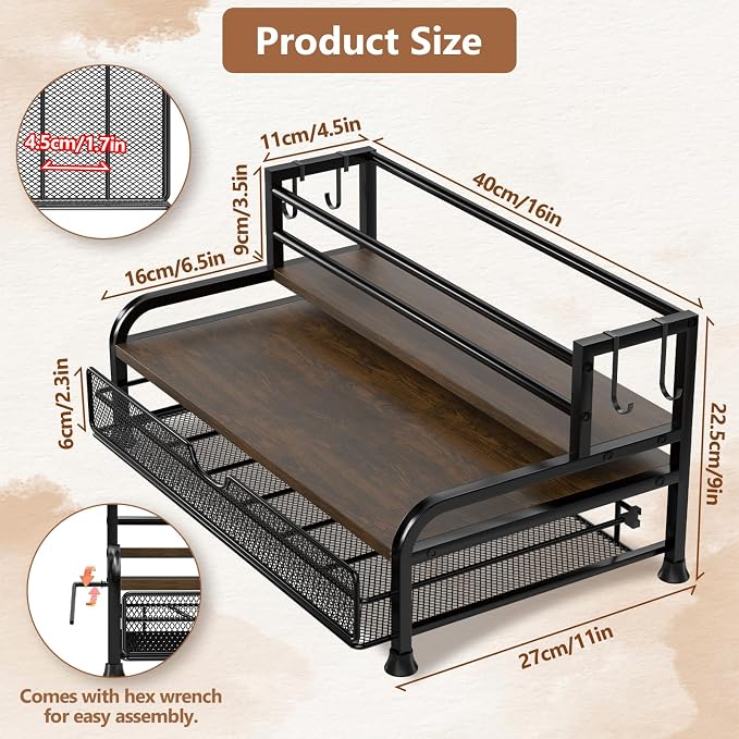 Coffee Syrup Rack Organizer, with Anti-Fall K-Cup Pod Holder Drawer | Black Metal Rack for 8 Syrup Bottles, Countertop Bottle Holder Stand for Wine, Space-Saving Design for Kitchen Cafe Station