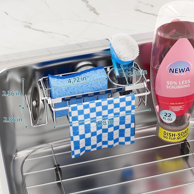 TAILI 4-in-1 Sink Caddy for Kitchen Sink with Strong Suction Cup-Silver | Removable Sponge Holder for Kitchen Sink Organizer, Rustproof 304 Stainless Steel Holder for Sponge, Brush, Scrubber, Scraper