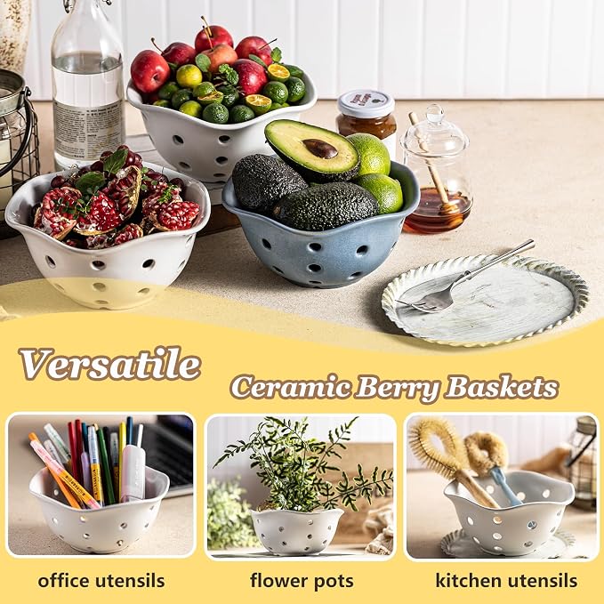 Gomakren Fruit Basket Set of 2, Ceramic Fruit Bowl Berry Basket with Holes, 7.6 Inch Fruit Containers Colander for Fridge - Farmhouse Kitchen Decor, Cream White