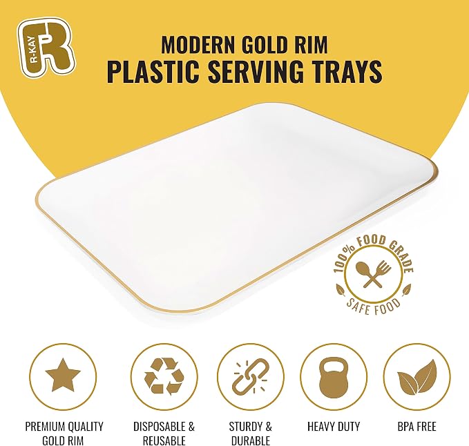 R-kay 3 Pack Plastic Serving Trays for Party - White and Gold Tray 8 by 11 in Heavy Duty Dessert Food Rectangular Premium Platters