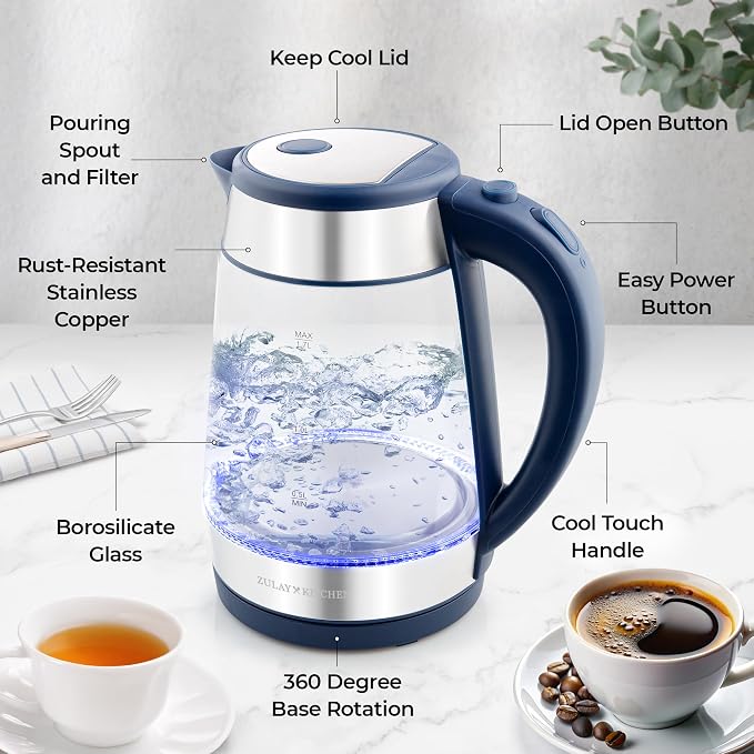 Zulay Kitchen Fast Boiling Electric Water Kettle - 1.7L, 1500W, Auto Shut-Off for Overboil & Boil Dry Protection, Cool-Touch Handle, 360° Base - Rapid Teapot Boiler For Coffee & Tea - Navy