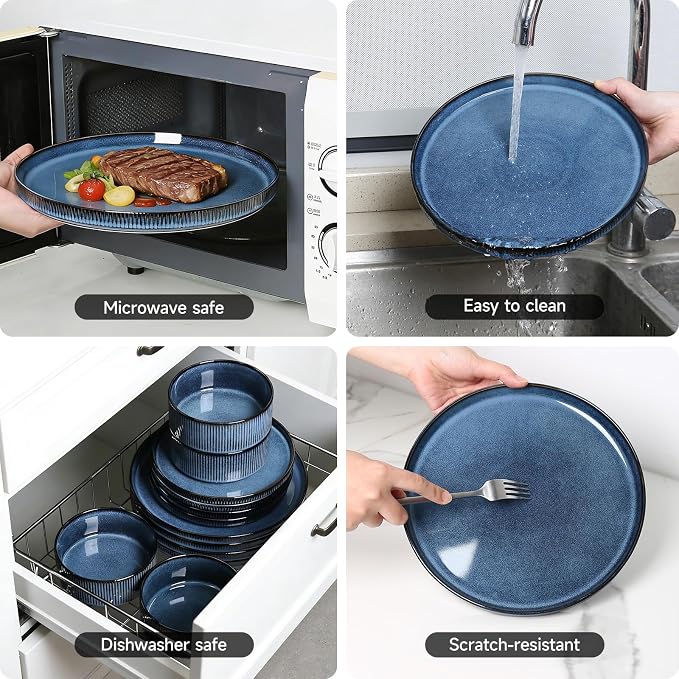 Stoneware Dinnerware Sets for 4, 12Pcs Plates and Bowls Set, Midnight Blue | Handmade Reactive Glaze Ceramic Dishes, Microwave and Dishwasher Safe, Modern Minimalist Ribbed Tableware for Everyday Use