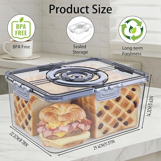 Bread Box with Lid and Handle,2026 New Upgrade Time Recording Bread Storage Container for Kitchen Counter Airtight,Portable Large Bread Boxes for Homemade Bagel, and Cookies,Not dishwasher safe