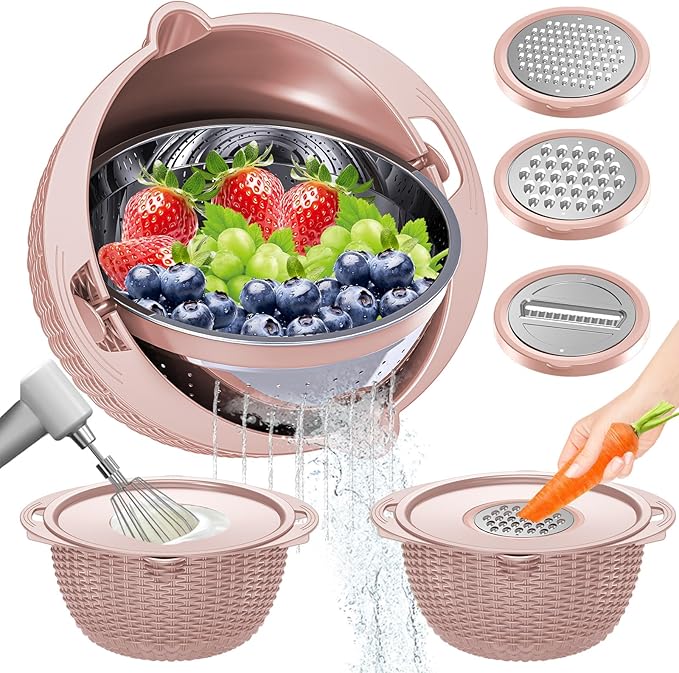 4-1 Strainer Bowl with Lid Set - Strainers and Colanders, Colander for Kitchen, Pasta Strainer, Fruit Cleaner, Veggie Wash, Funny Kitchen Present, Fruit Washing Bowl, Cooking Present for Women - Pink