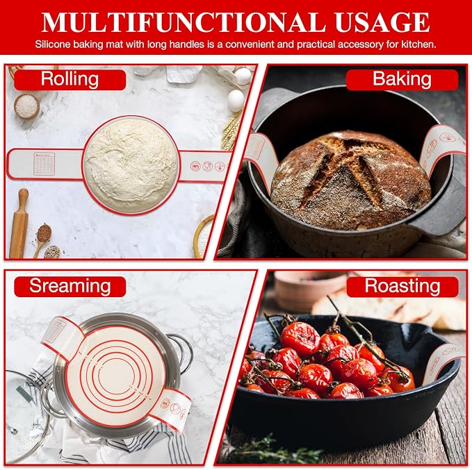 2 Pcs Sourdough Silicone Bread Sling for Dutch Oven Liners | Non-Stick Bread Baking Mat Set, Anti-slip Reusable Bread Sling with Long Handle to Transfer Sourdough Bread