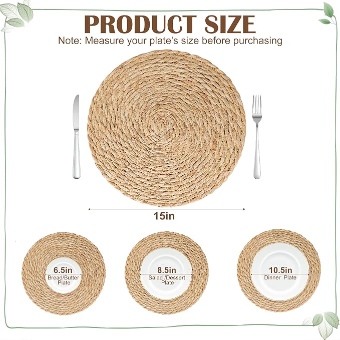 12 Pack 15IN Round Woven Placemats, Natural Bulrush Boho Farmhouse Mats | Heavy-duty hand-woven wicker mats for dining table, kitchen, patio BBQ, garden party. Flat-packed storage box. Rustic decor.
