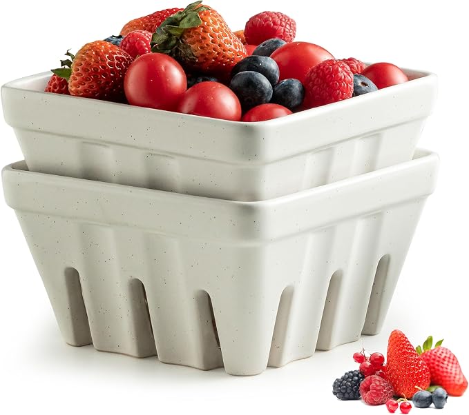 Gomakren Fruit Bowl with Holes, Ceramic Berry Basket Set of 2, 5.7 Inch Square Fruit Basket for Kitchen Counter, Rustic Berry Containers, Farmhouse Kitchen Decor - Cream White