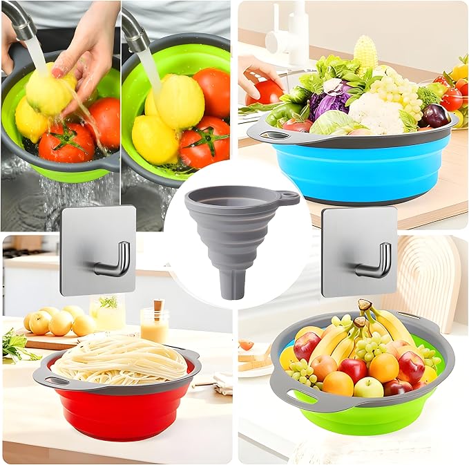 UVB Collapsible Colander Set, Foldable Kitchen Strainer for Pasta, Vegetables & Fruit, Complete Kitchen Set with 2 Stainless Steel Hooks & 2 Silicone Funnels – Green