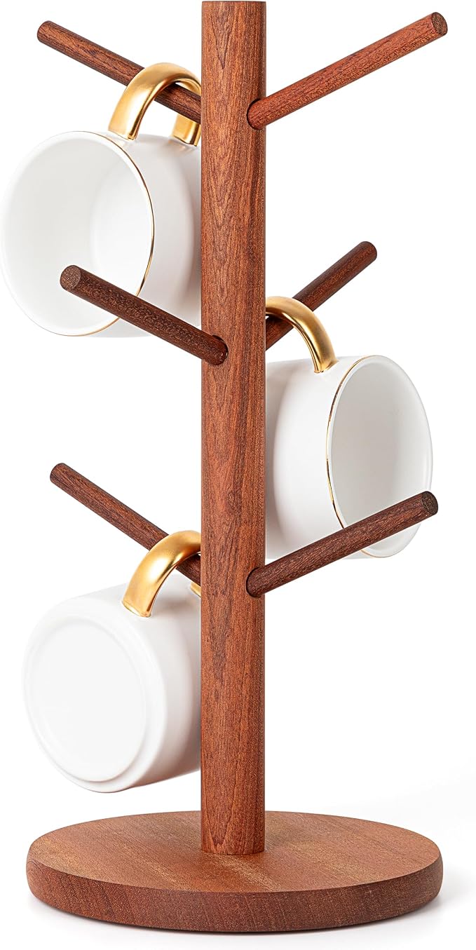 MyLifeUNIT Mug Holder Tree, Coffee Cup Holder with 6 Hooks (Reddish Brown) | Anti-slip padded bottom, space-saving compact design, easy air drying, sturdy tip-resistant structure