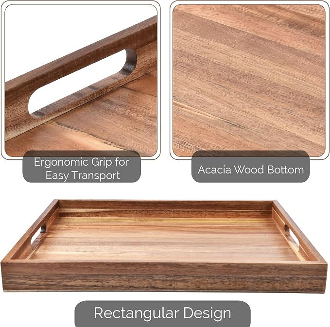 Acacia Wood Serving Tray with Handles (17 Inches) – Decorative Serving Trays Platter for Breakfast in Bed, Lunch, Dinner, Appetizers, Patio, Ottoman, Coffee Table, BBQ, Party –Great for Lap &Couch