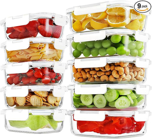 HOMBERKING 10-Pack Glass Meal Prep Containers, 36 oz/14 oz, Locking Lid Set | Borosilicate Glass Food Storage Containers Set, Airtight Lunch Bento Boxes, BPA-Free, Dishwasher Freezer, Oven Safe-White