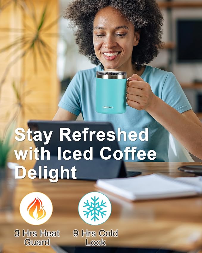 RAYMYLO Insulated Travel Coffee Mug with Handle, Coffee Tumbler Cup 12oz | Detachable Lid for Thoroughly Clean, Thermal Cup with Double-Wall Stainless Steel Vacuum Insulation, Spill Proof & BPA Free