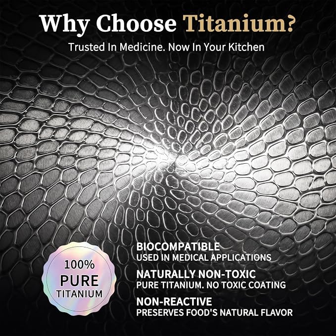 12" Titanium Pans for Cooking, 100% Pure Titanium Frying Pan | Food-grade titanium; naturally non-toxic; no PTFE/PFOA/PFAS coating; induction ready, dishwasher safe, oven safe to 1000°F