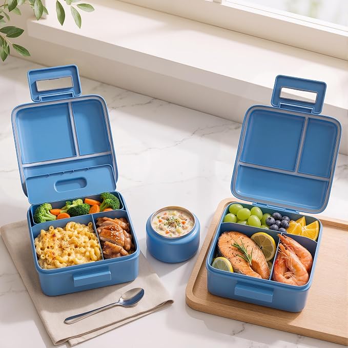 MAISON HUIS Bento Lunch Box with 8oz Soup Thermo, 5-Compartment Leak-Proof Container, Thermo Hot Food Jar and Insulated Lunch Bag, BPA Free,Travel, School (Blue)