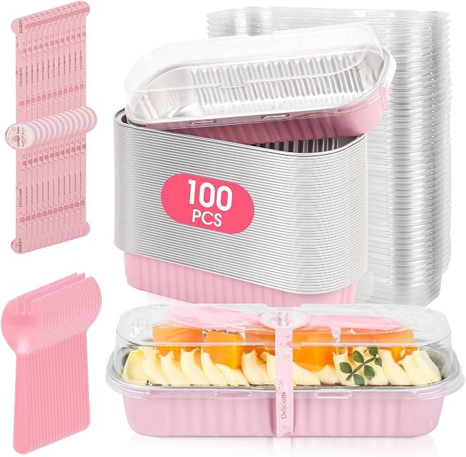 100 Pack Mini Cake Pans with Lids and Spoons, Disposable Aluminum Foil Cake Tins（6.8oz） Individual Small Cake Baking Containers for Party, Wedding, Birthday