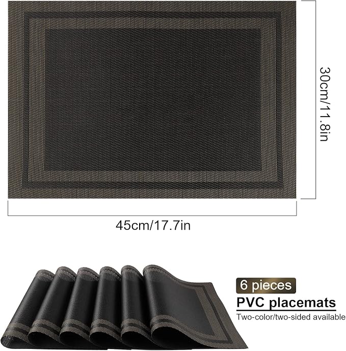 Placemats,Table Place Mats for Kitchen Dining, Heat-Resistant Anti-Skid Stain Washable PVC Table Mats, Easy to Cleaning Woven Vinyl Dinner Mats (Black, 6 Pack)