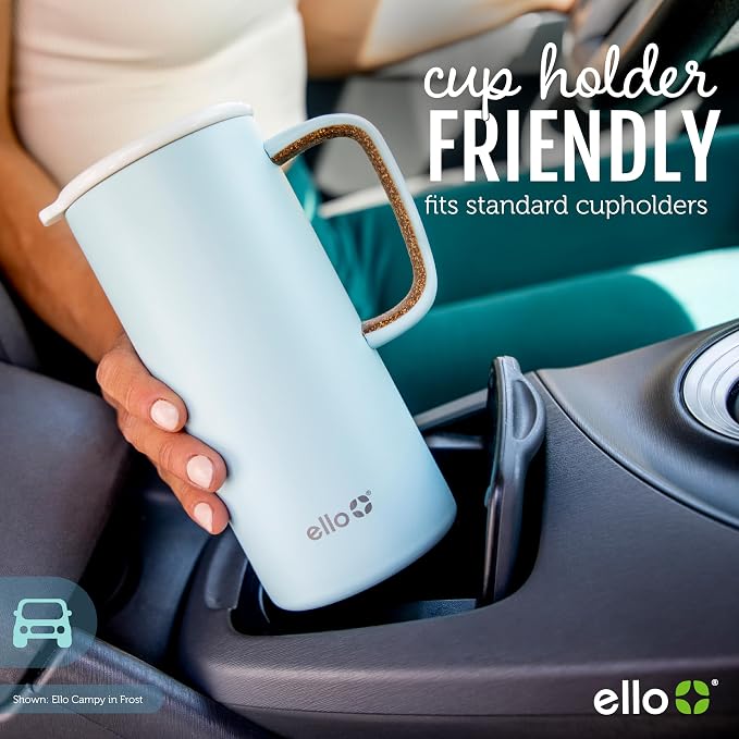 Ello Campy 18oz Insulated Stainless Steel Travel Mug with Handle, Frost | Leakproof coffee tumbler keeps drinks hot for hours. BPA-free, comfortable handle, great for commutes and the office.