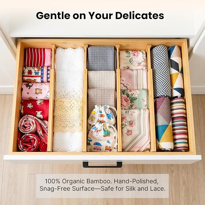 4 Pack 2.36" Bamboo Drawer Dividers, 17-22" Expandable Kitchen Organizers | Adjustable Spring-Loaded Tension Separators with Foam Pad for Clothes, Utensils, Kitchen, Dresser, Nursery & Bathroom