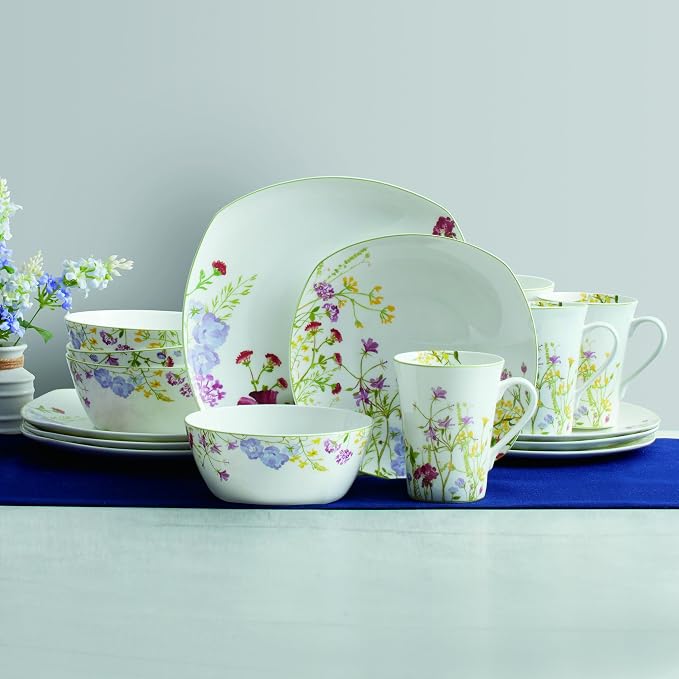 Mikasa Wildflower Garden Dinnerware Set, 16-Piece Bone China Dishes Service for 4, Square Plates and Bowls Set with Mugs, Floral Design, Dishwasher and Microwave Safe
