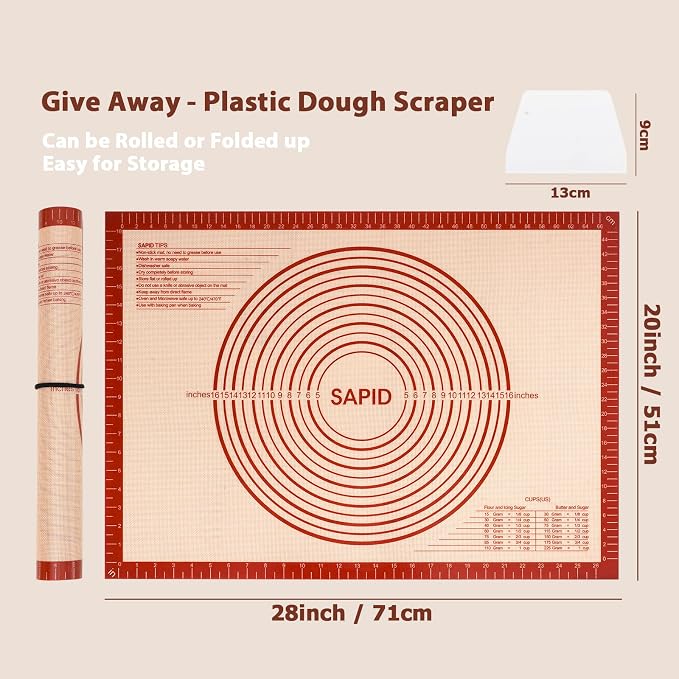 Sapid Thick Silicone Pastry Mat Baking Dough Rolling Extra Large 20" x 28" | Non-slip with Measurements for Non-stick Dough Rolling, Pie Crust, Kneading Mats, Countertop, Placement Mats (Red)